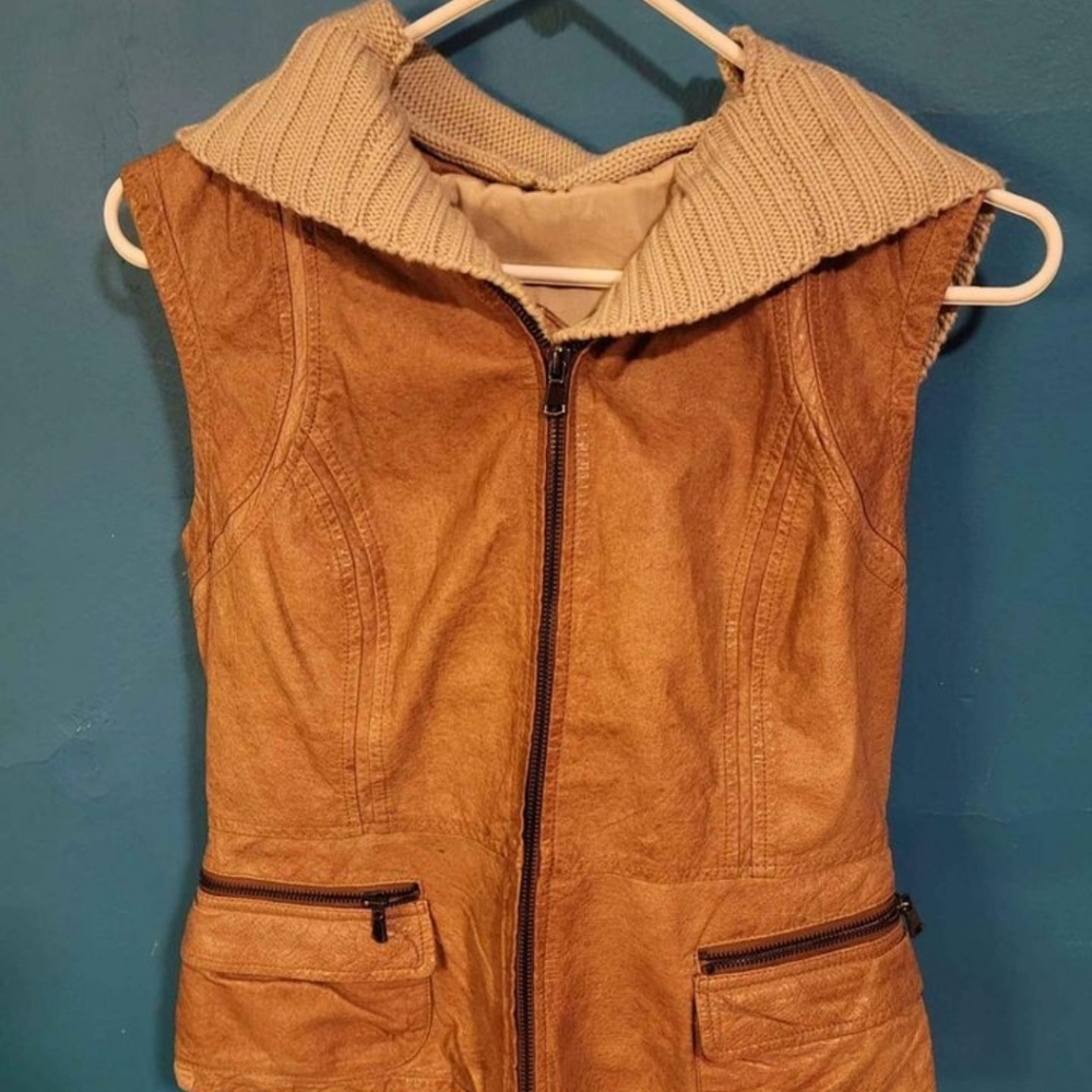 JACKETT NEW YORK Genuine Leather Boho Tan Vest with Hood Small